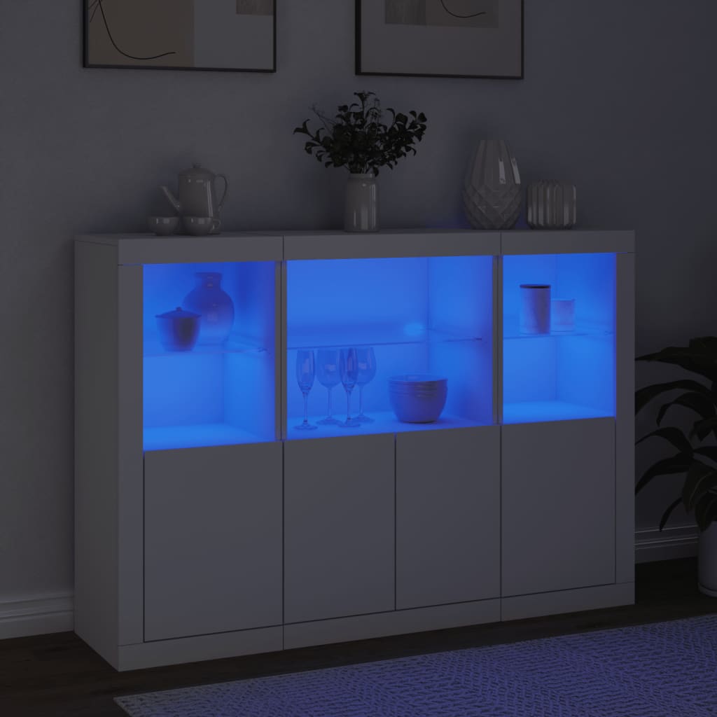 Sideboard with LED lights, 3 pcs., white, processed wood