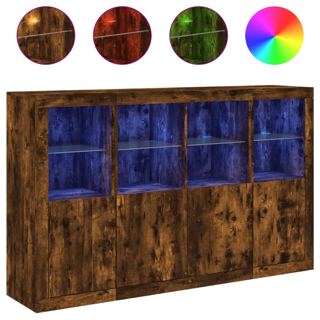 Sideboard with LED lights, 3 pcs., smoked oak, engineered wood