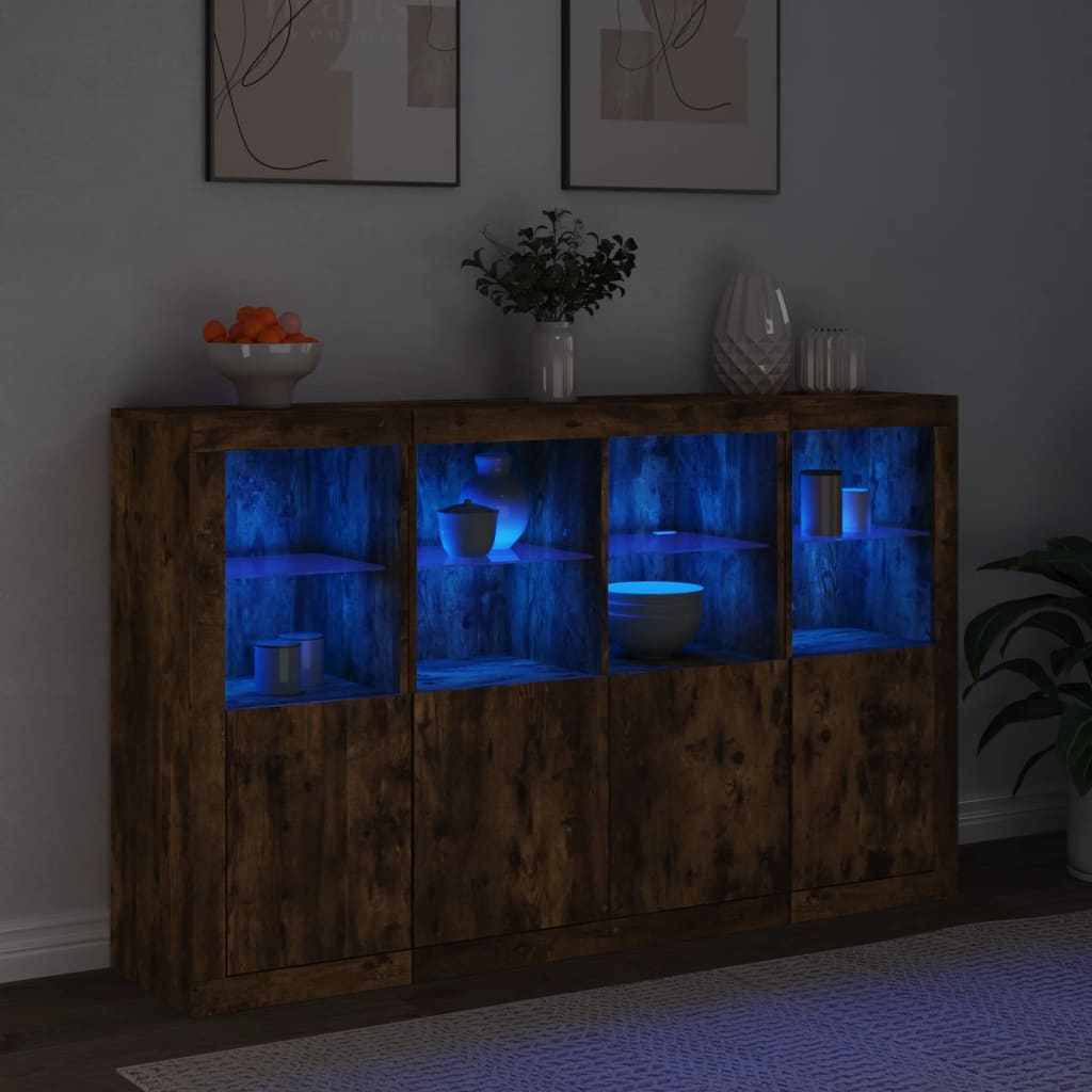 Sideboard with LED lights, 3 pcs., smoked oak, engineered wood