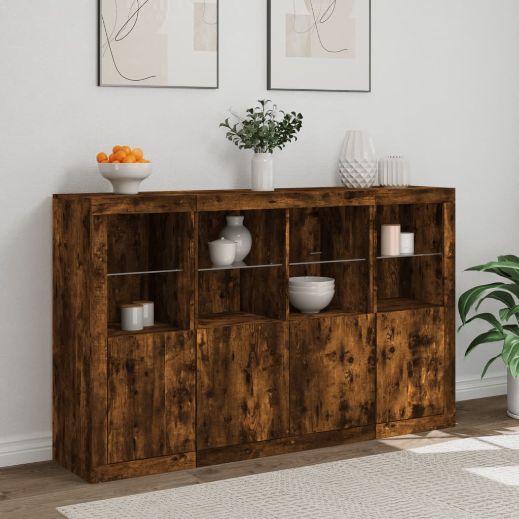 Sideboard with LED lights, 3 pcs., smoked oak, engineered wood