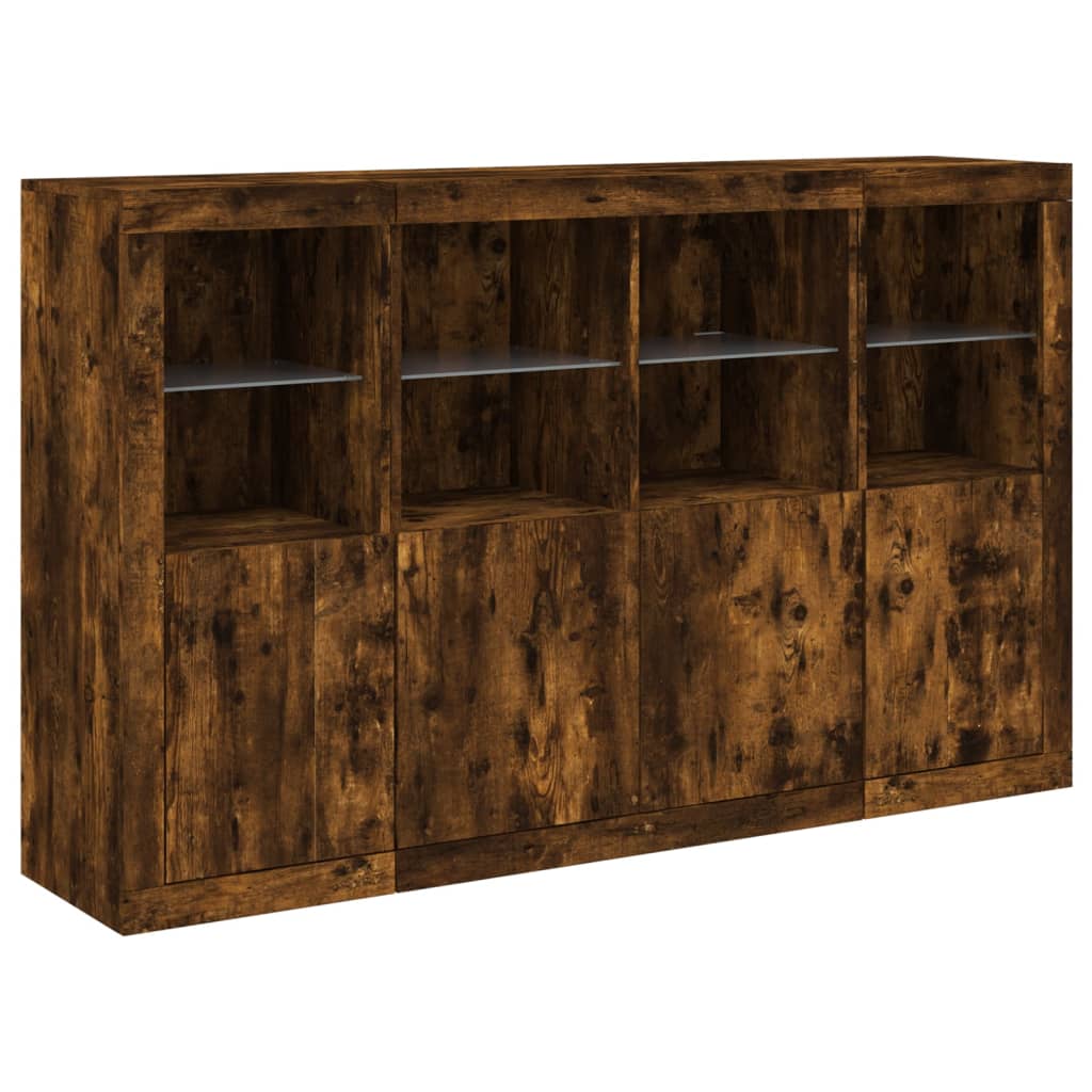 Sideboard with LED lights, 3 pcs., smoked oak, engineered wood