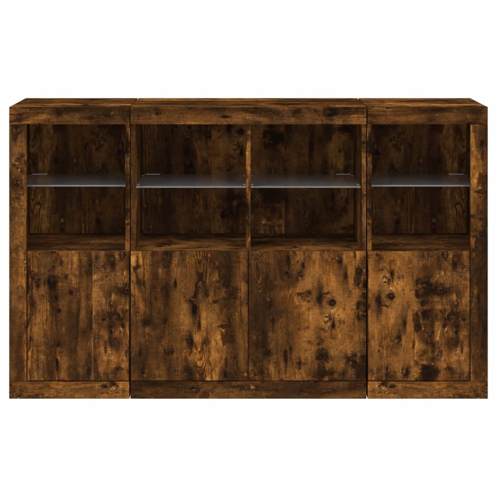 Sideboard with LED lights, 3 pcs., smoked oak, engineered wood