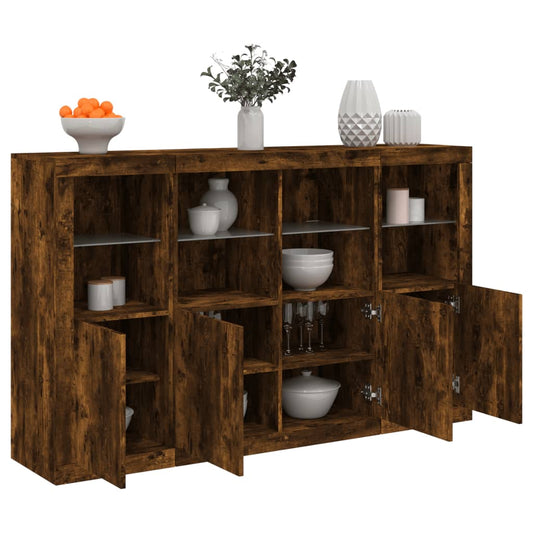 Sideboard with LED lights, 3 pcs., smoked oak, engineered wood