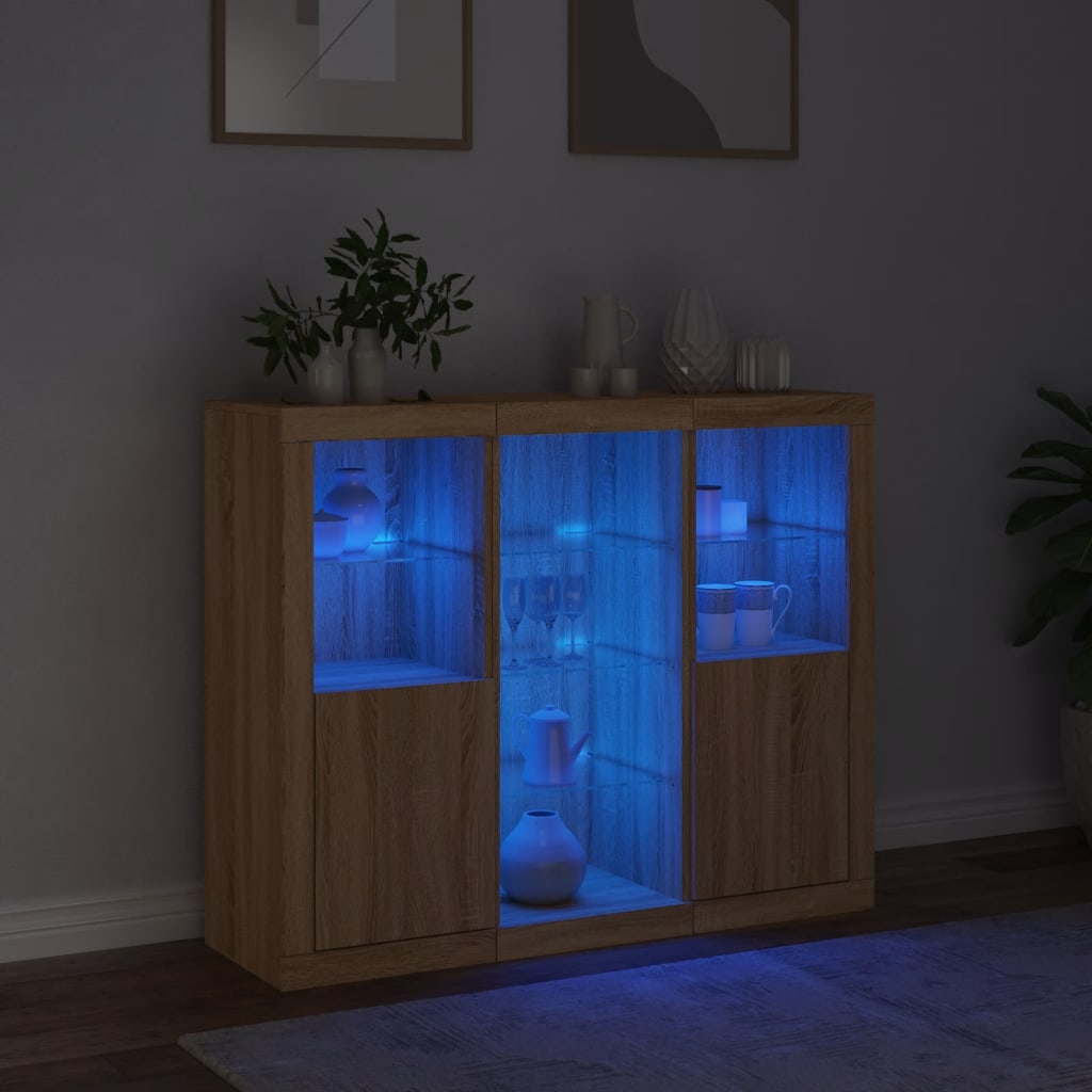 Sideboard with LED lights, 3 pcs., Sonoma oak, engineered wood