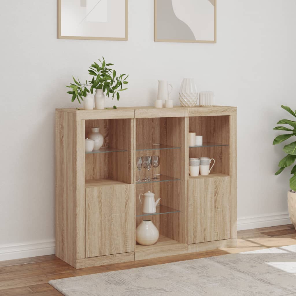 Sideboard with LED lights, 3 pcs., Sonoma oak, engineered wood