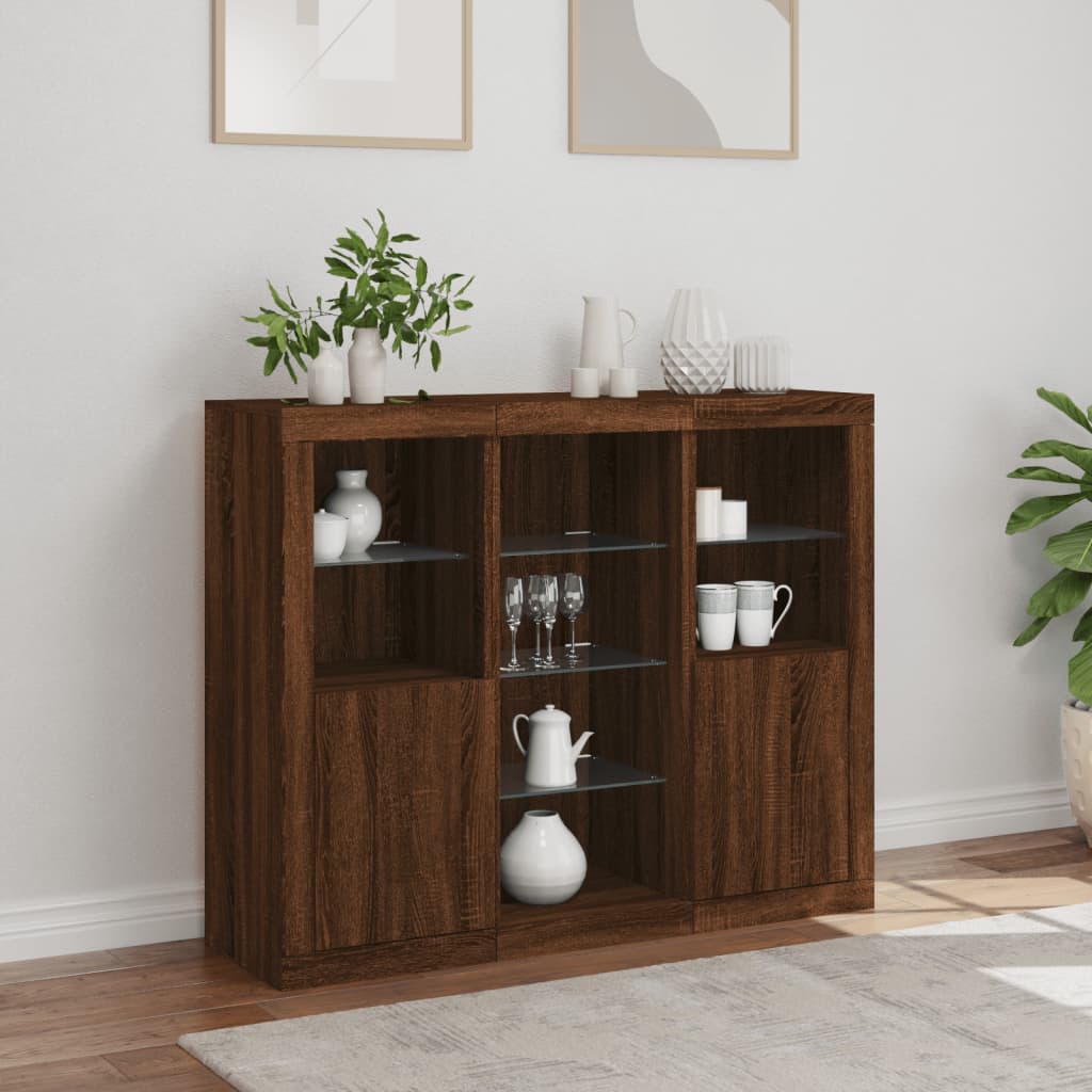 Sideboard with LED lights, 3 pcs., brown oak, engineered wood