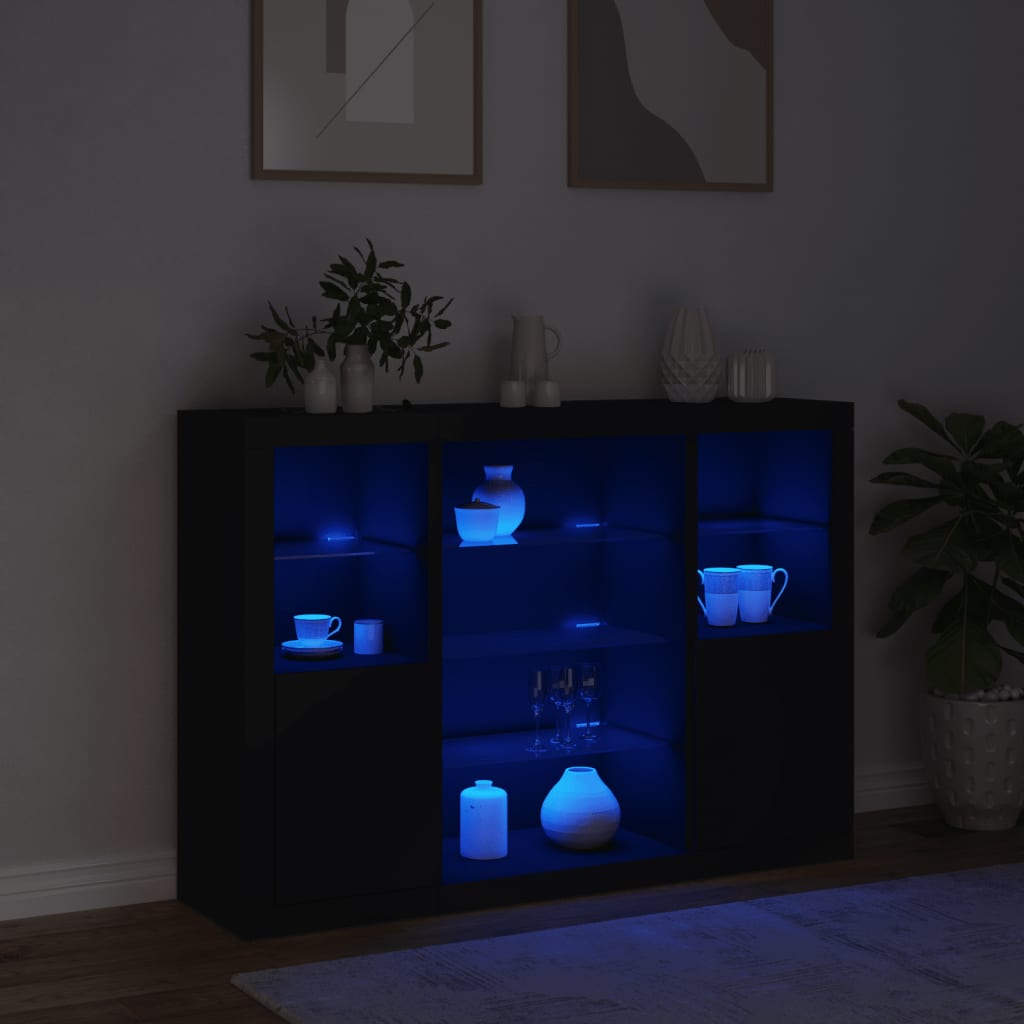 Sideboard with LED lights, 3 pcs., black, processed wood