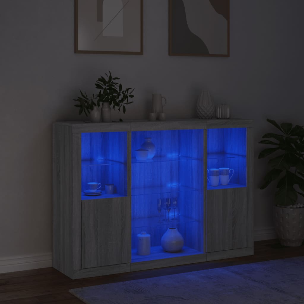 Sideboard with LED lights, 3 pcs., sonoma grey, engineered wood