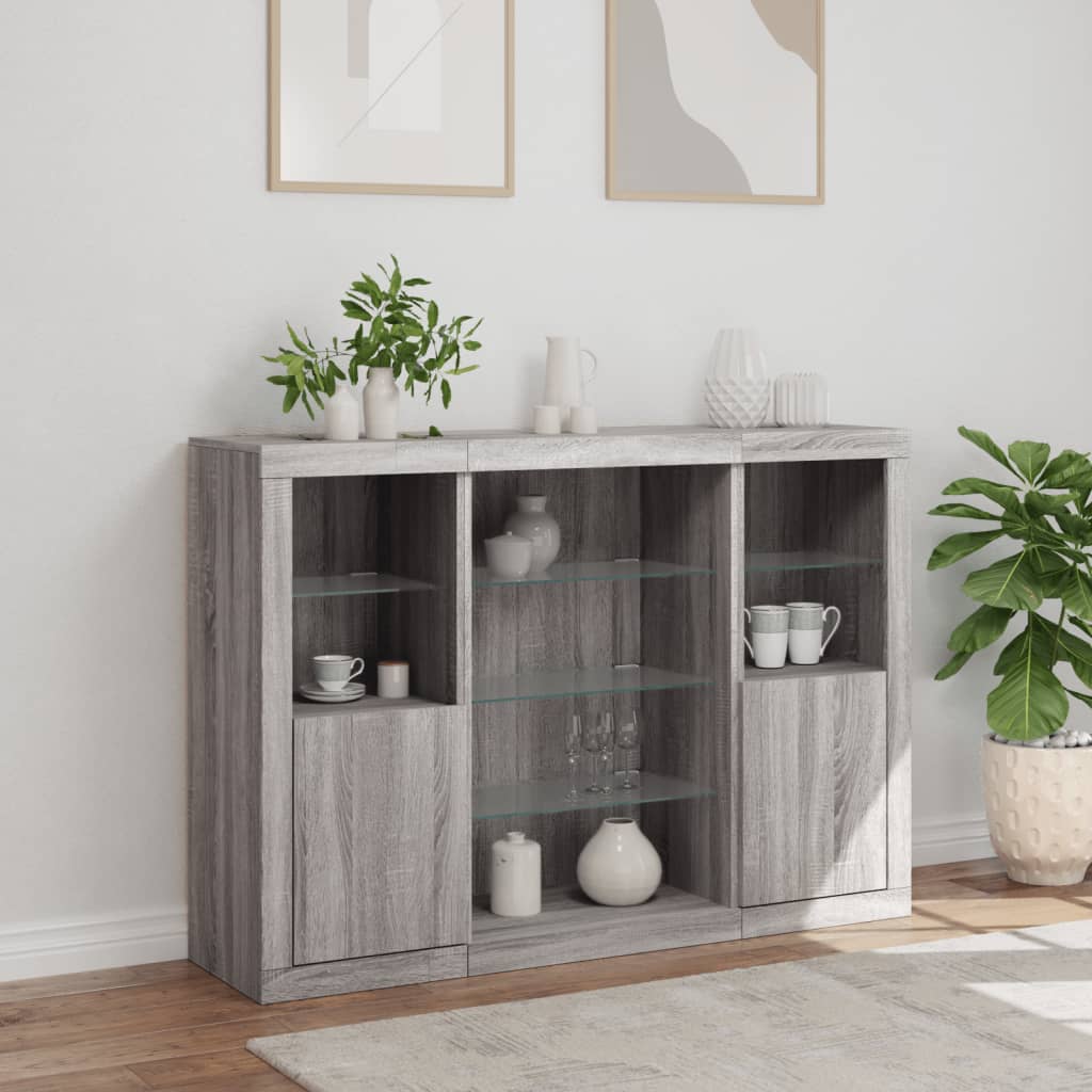 Sideboard with LED lights, 3 pcs., sonoma grey, engineered wood