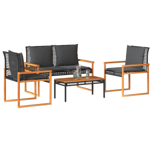 4-piece garden furniture set with black polyrattan cushions