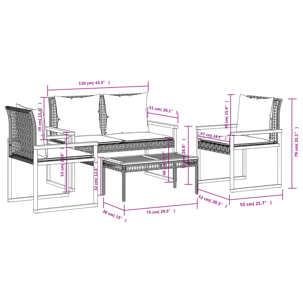 Garden furniture set, 4 pieces, with cushions, beige mix, polyrattan