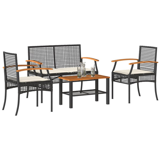 4-piece garden furniture set with black polyrattan cushions