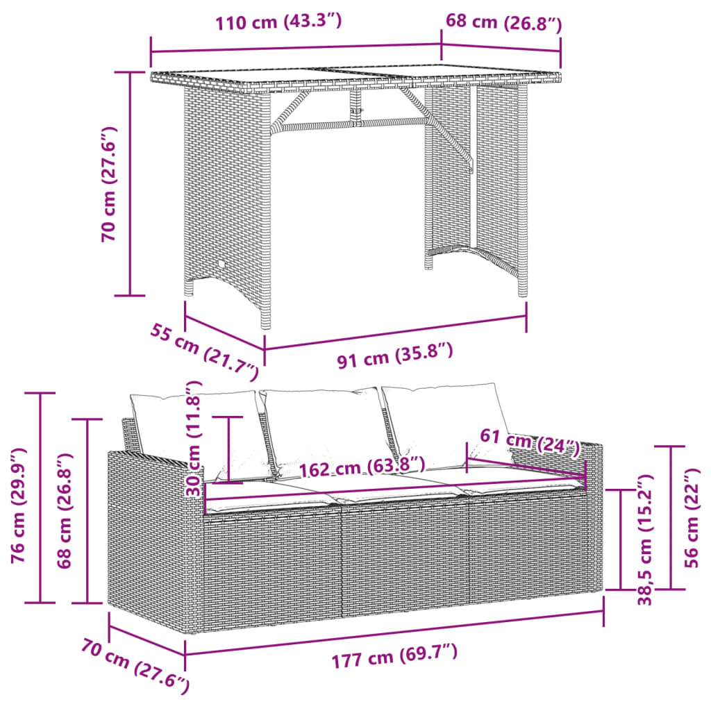 Set mobilier de grădină, 2 piese, cu perne, bej, poliratan