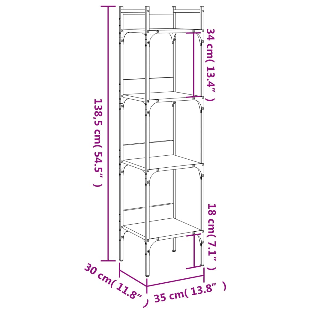 Bibliotecă 4 niveluri, negru, 35x30x138,5 cm, lemn prelucrat