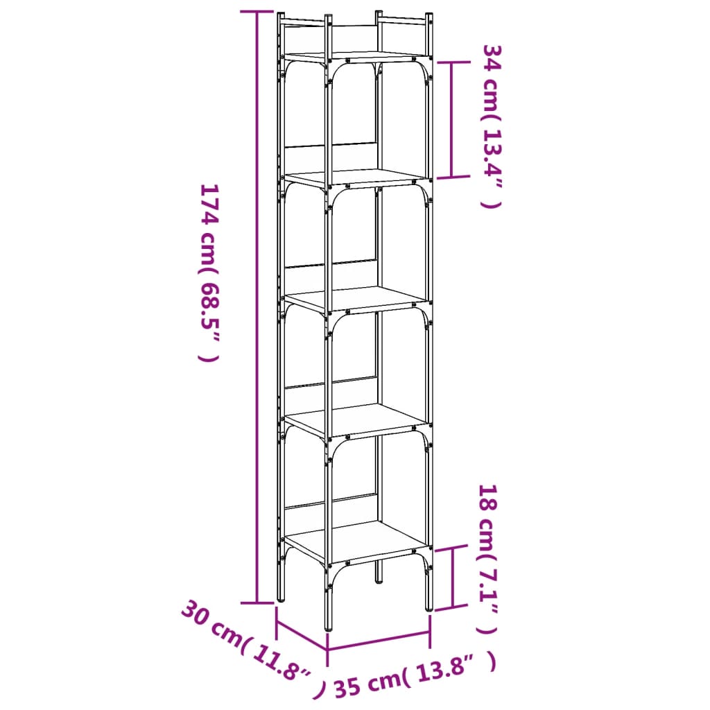 Bibliotecă 5 niveluri stejar afumat 35x30x174 cm lemn prelucrat