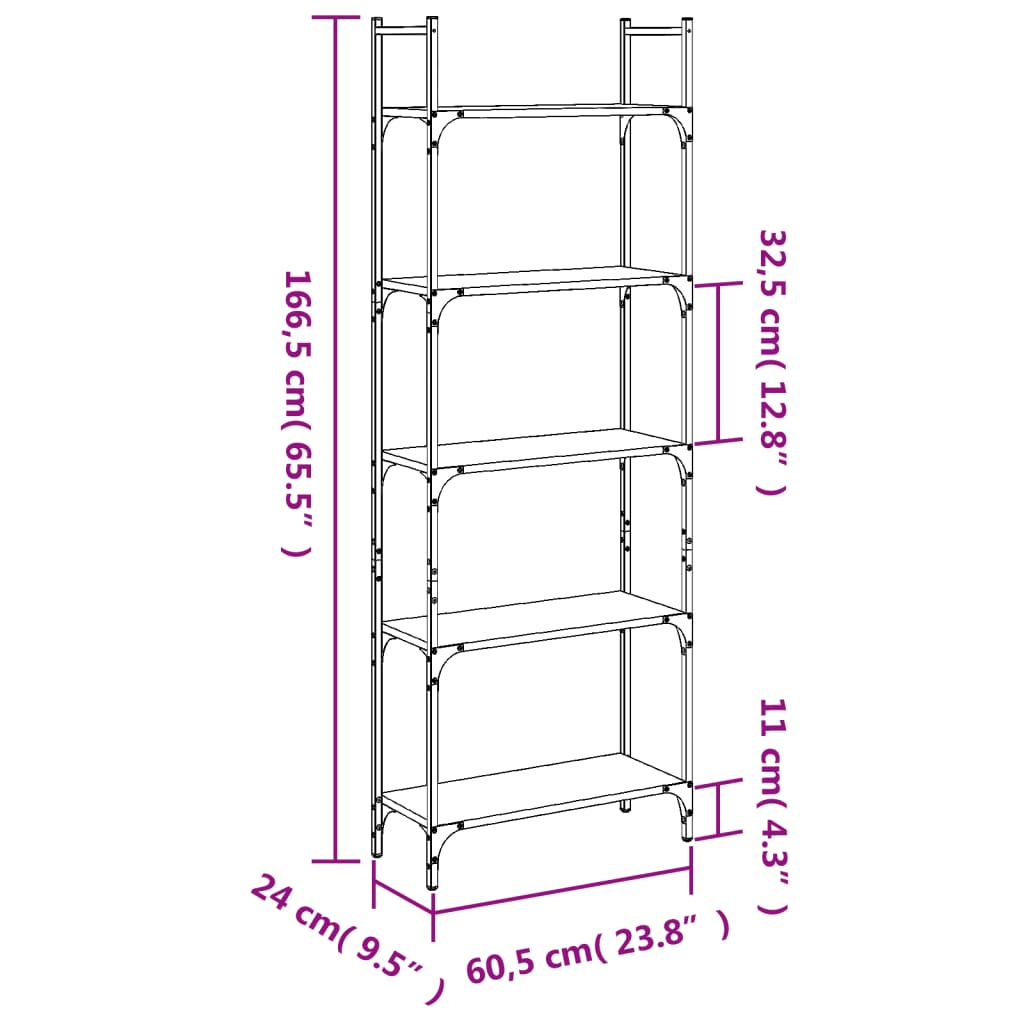 Bibliotecă 5 niveluri, stejar sonoma, 60,5x24x166,5 cm