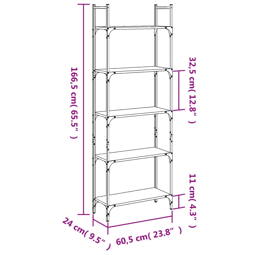 5-tier bookcase, smoked oak, 60.5x24x166.5 cm