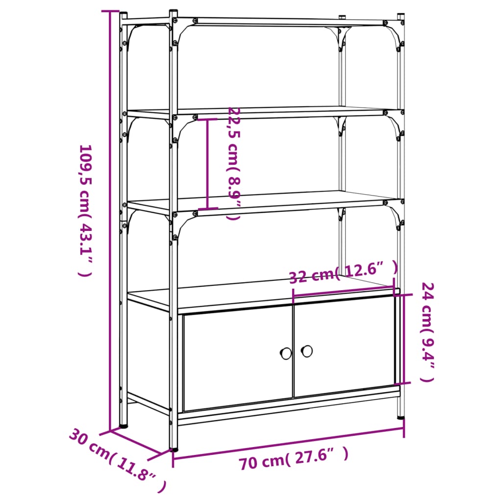 3-tier bookcase, sonoma gray, 70x30x109.5 cm, processed wood