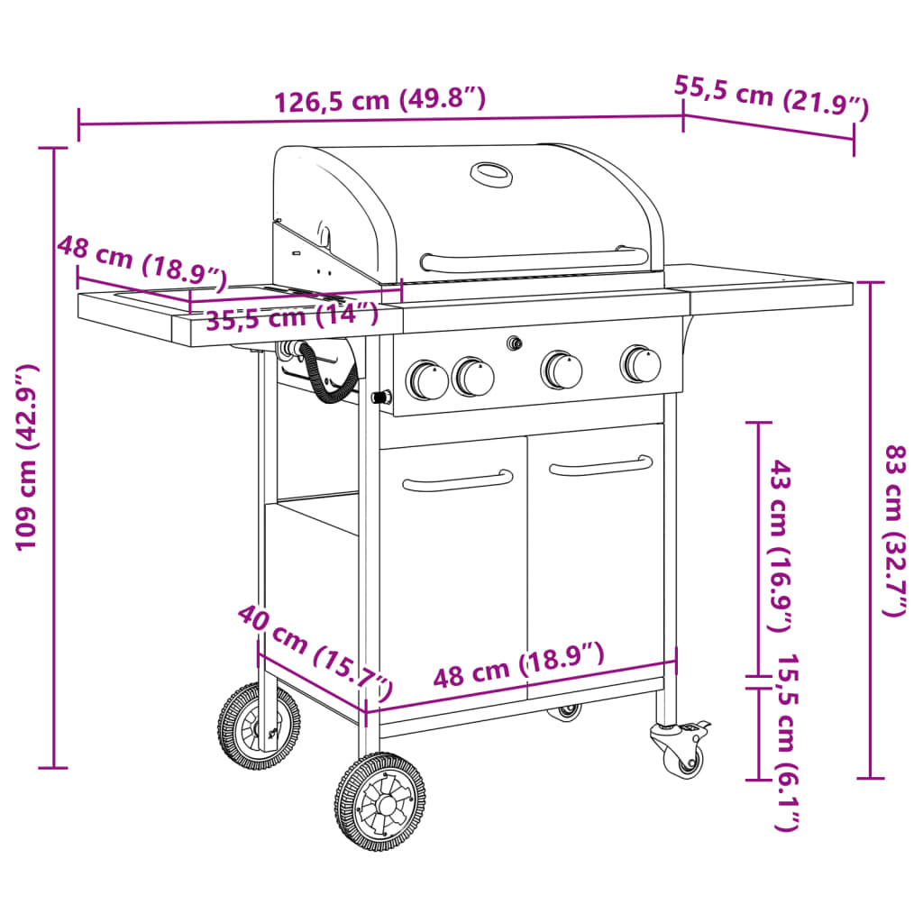 Gas grill with 4 burners, black, powder-coated steel