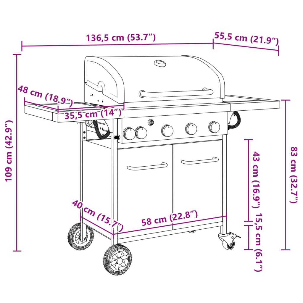 5-burner gas grill, black, powder-coated steel