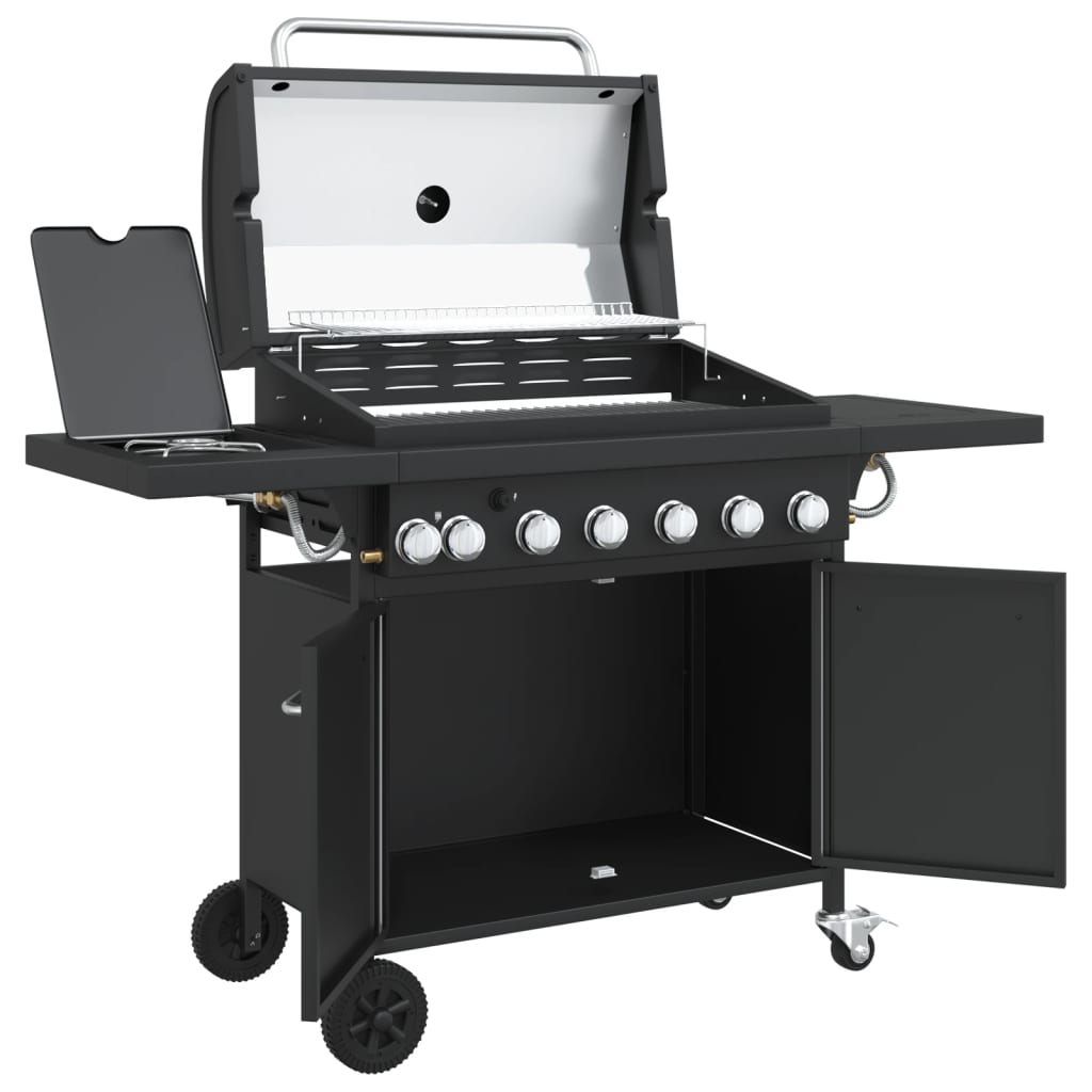 Gas grill with 7 burners, black, powder-coated steel