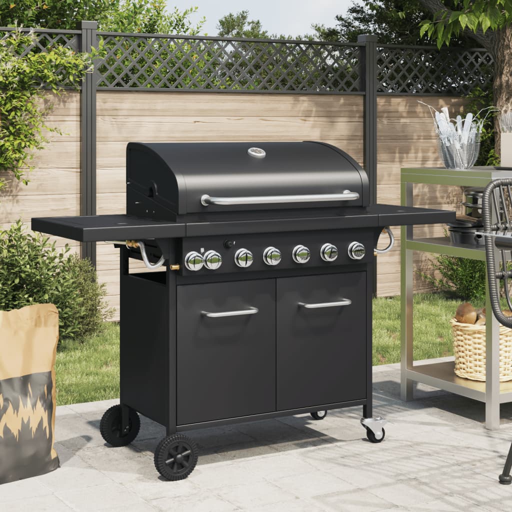 Gas grill with 7 burners, black, powder-coated steel