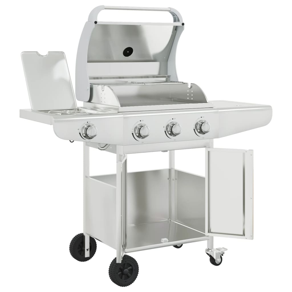 Gas grill with 4 burners, silver, stainless steel