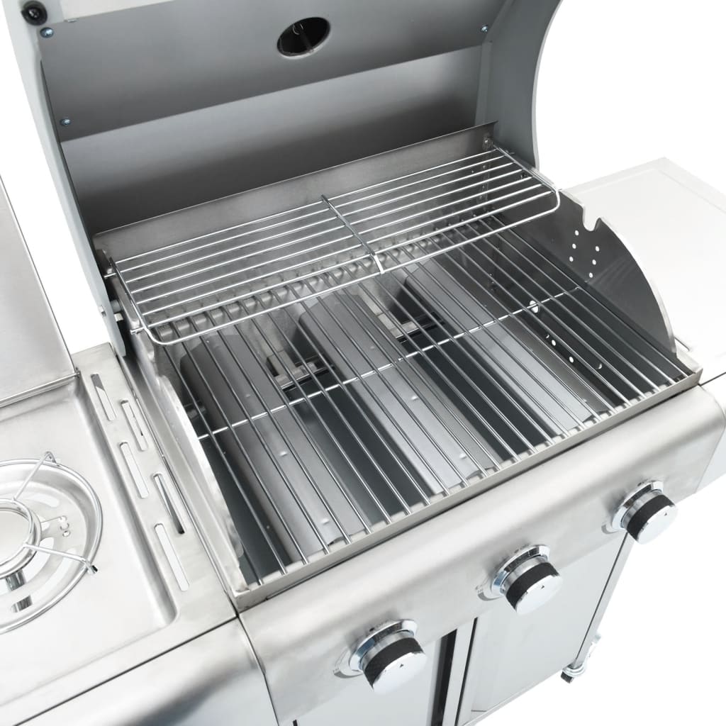 Gas grill with 4 burners, silver, stainless steel