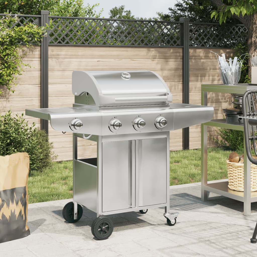 Gas grill with 4 burners, silver, stainless steel