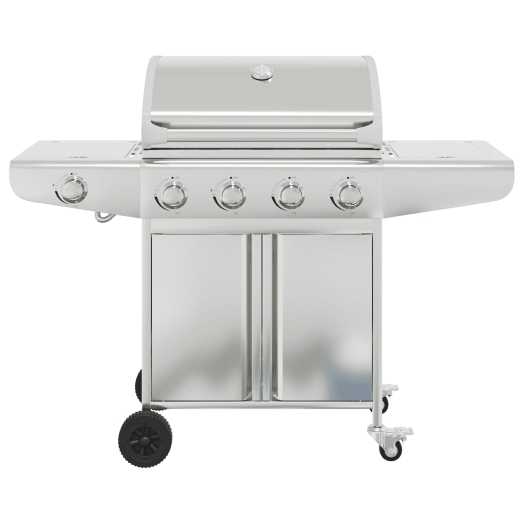 Gas grill with 5 burners, silver, stainless steel