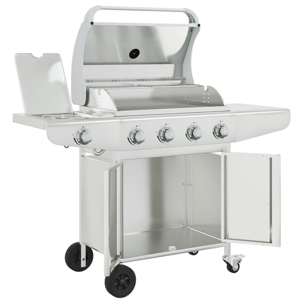 Gas grill with 5 burners, silver, stainless steel