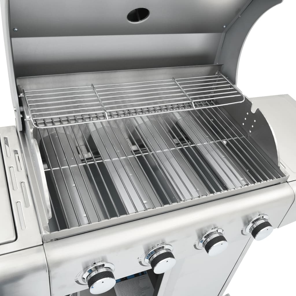 Gas grill with 5 burners, silver, stainless steel