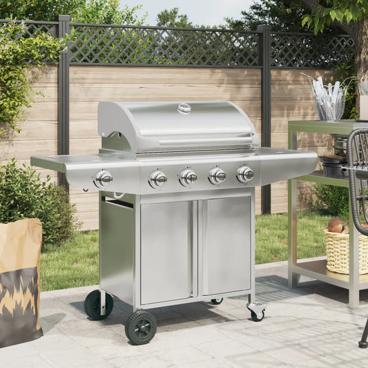 Gas grill with 5 burners, silver, stainless steel