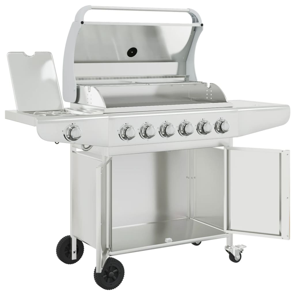 Gas grill with 7 burners, silver, stainless steel