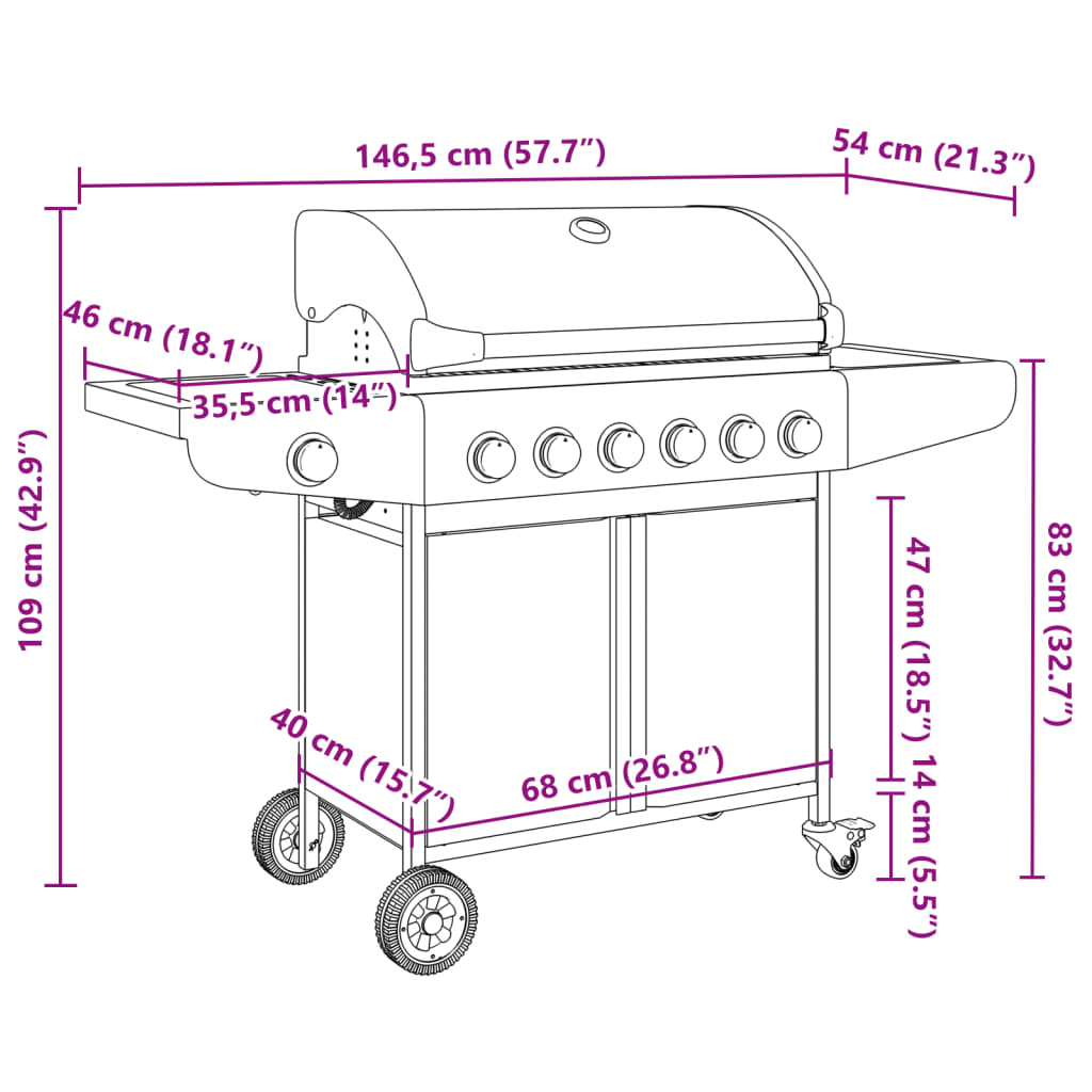 Gas grill with 7 burners, silver, stainless steel