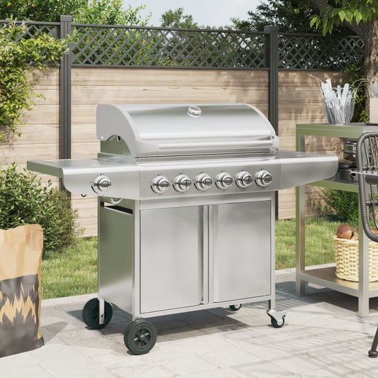 Gas grill with 7 burners, silver, stainless steel