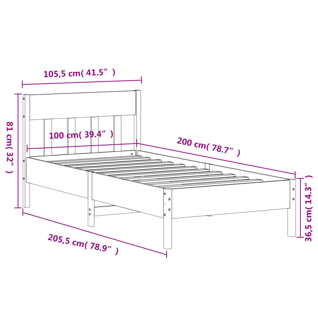 Cadru pat fără saltea, alb, 100x200 cm, lemn masiv pin