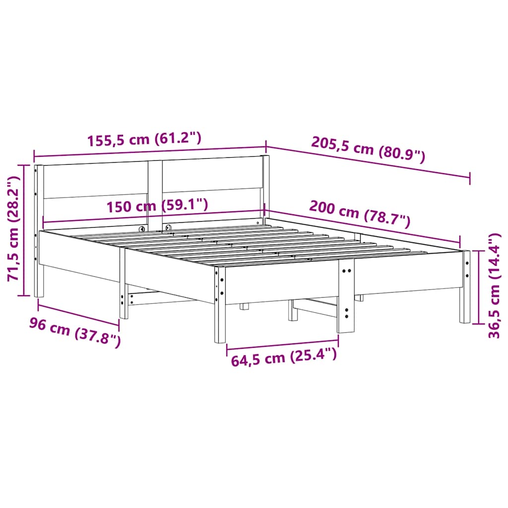 Cadru de pat fără saltea, maro ceruit 150x200 cm lemn masiv pin