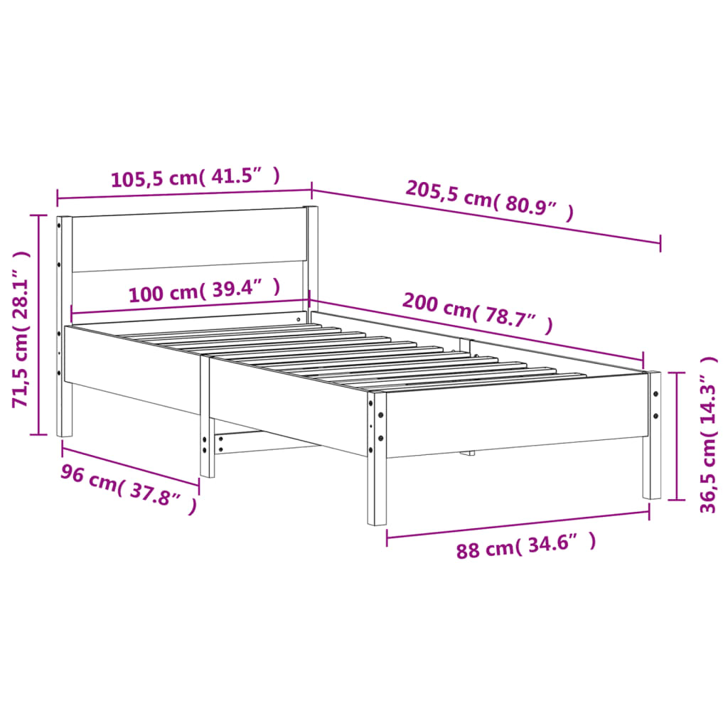 Cadru pat fără saltea, alb, 100x200 cm, lemn masiv pin