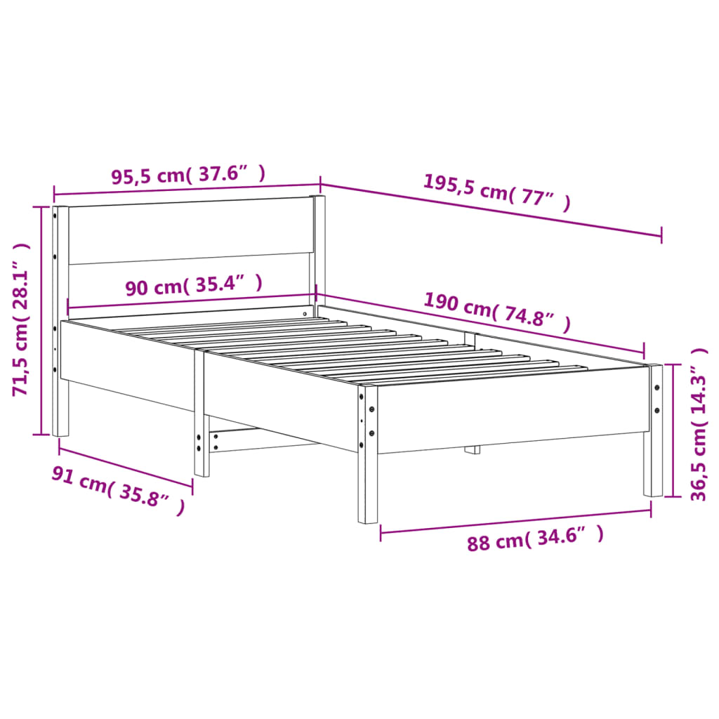 Cadru pat fără saltea, maro ceruit, 90x190 cm, lemn masiv pin