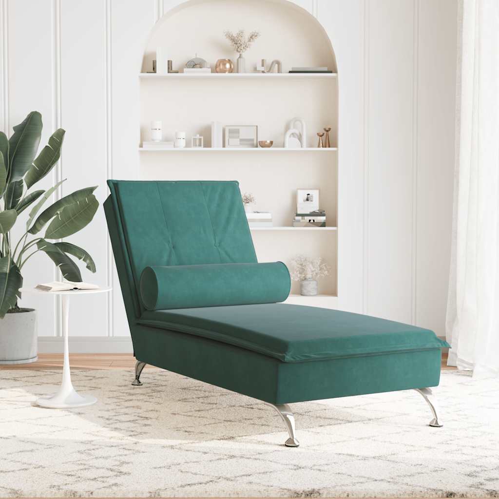 Massage lounger with support, dark green, velvet