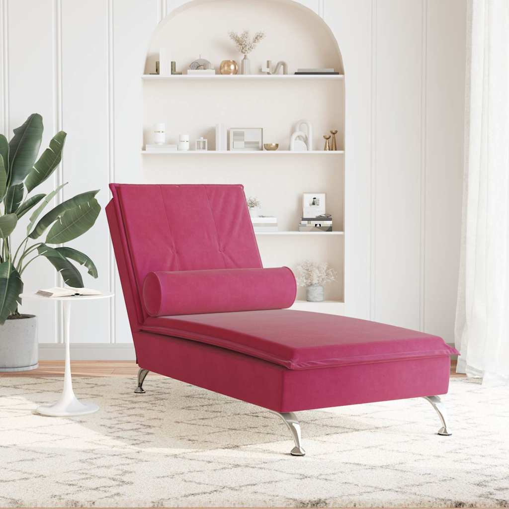 Massage lounger with support, wine red, velvet