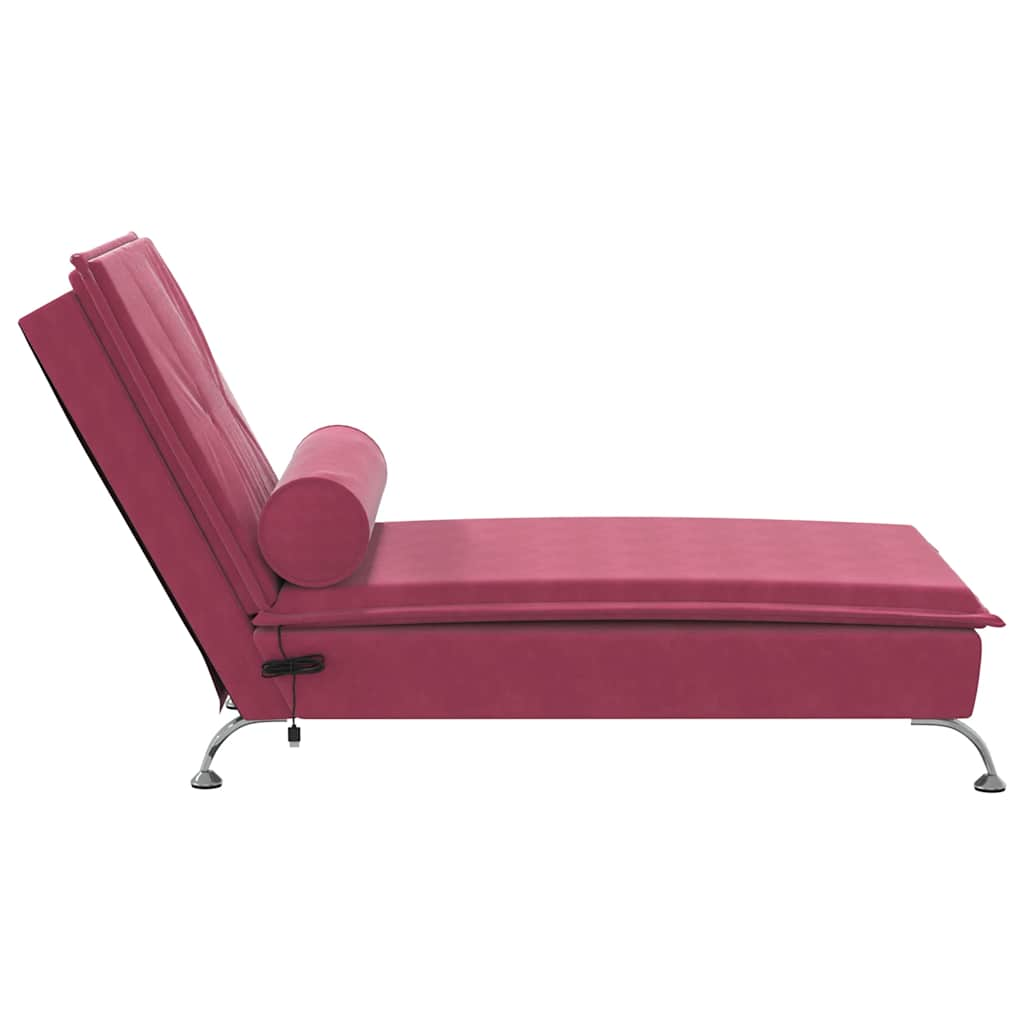 Massage lounger with support, wine red, velvet