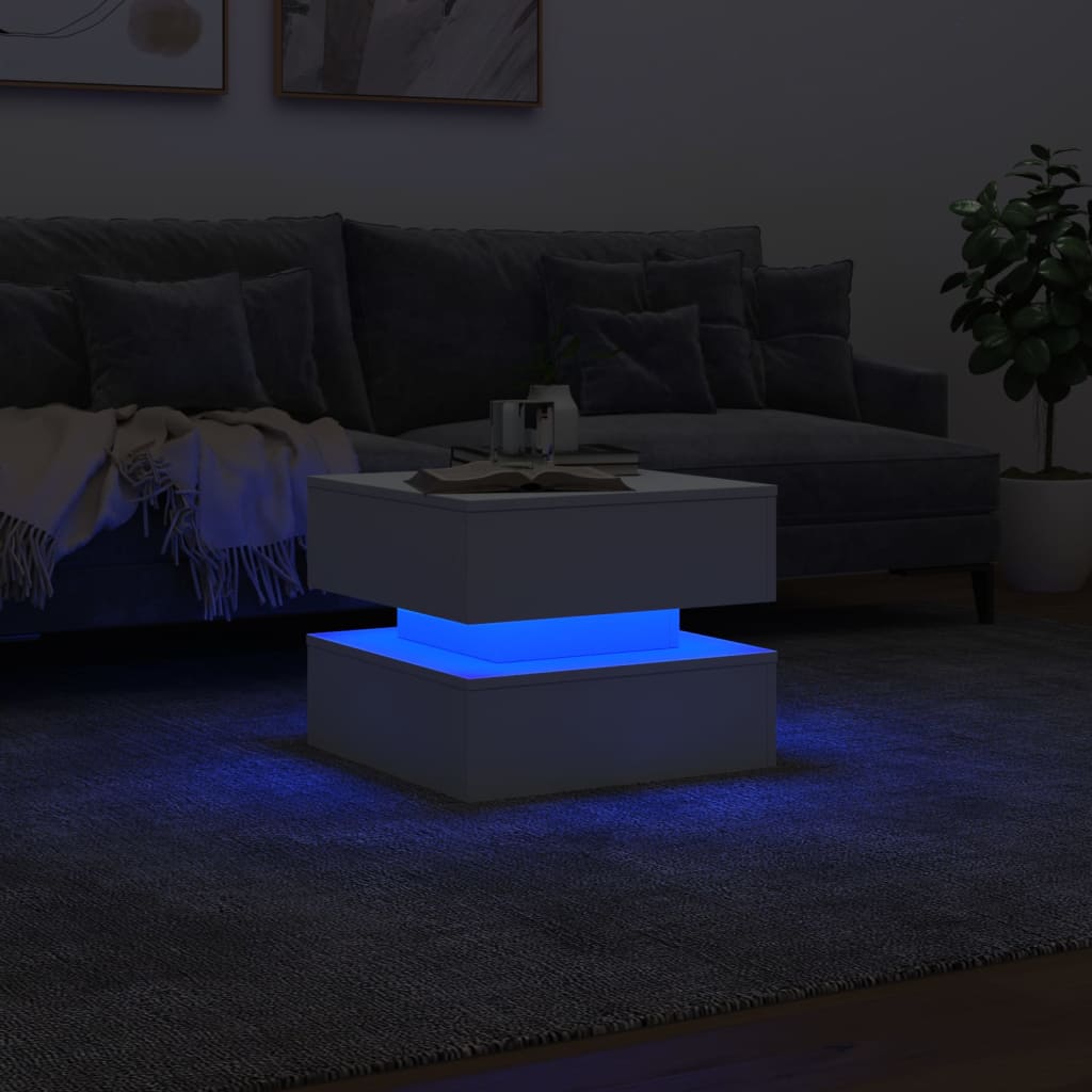 Coffee table with LED lights, white, 50x50x40 cm