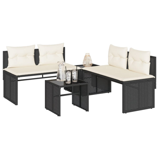 4-piece garden furniture set with cushions, black, polyrattan