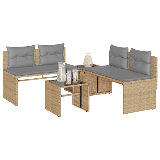 4-piece garden sofa set with cushions, beige, polyrattan