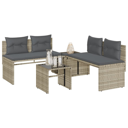 Garden sofa set with cushions, 4 pieces, light grey poly rattan