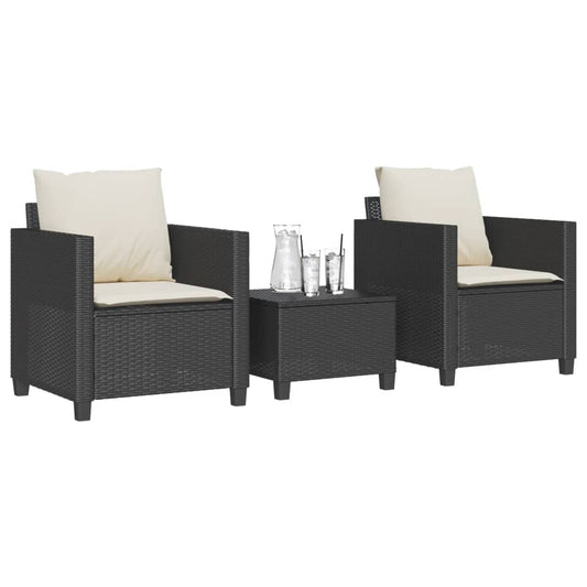 Bistro set with cushions, 3 pieces, black, polyrattan