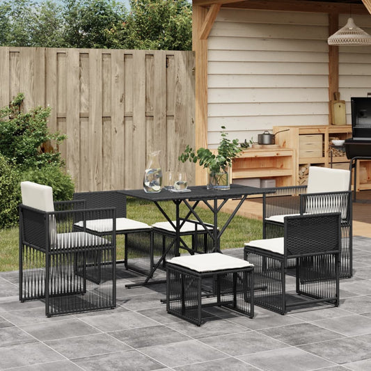 Garden furniture set with cushions, 7 pieces, black, polyrattan