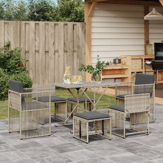 Garden furniture set with cushions, 7 pieces, light grey polyrattan